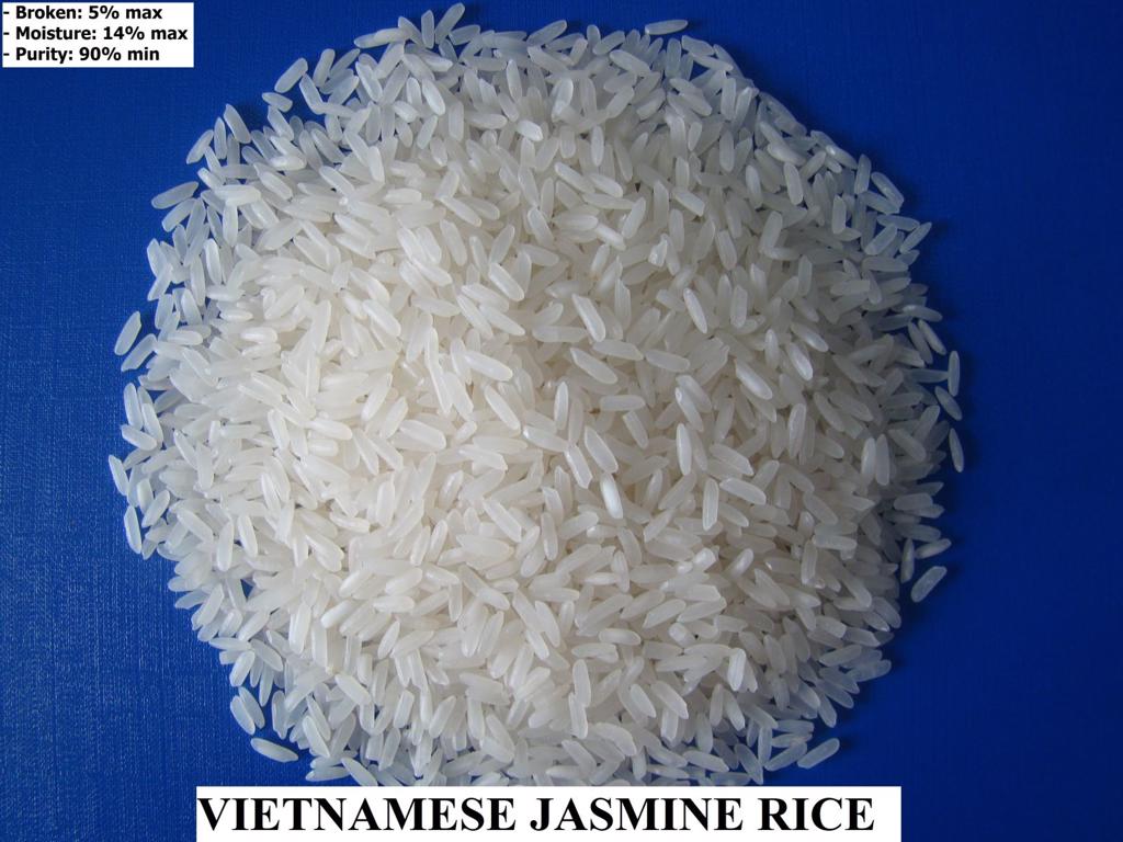 Product image - Jasmine rice 5% broken, new crop
+ Purity: 90% min
+ Average length of grains: 6.8mm min.
+ Moisture: 14% max.
+ Chalky kernels:     2.0% max
+ Foreign matters:   0.1% max
+ Damaged kernels:  0.3% max
+ Yellow kernels:   0.3% max
+ Immature kernels:   0.1% max
Please kindly feel free to contact us to get more information via uyenle1690(at)gmail(dot)com or 0084 902601126
